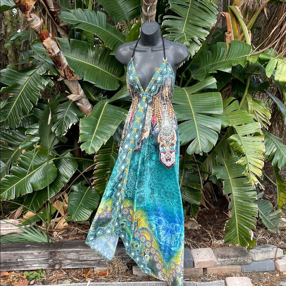 scarf print dress with handkerchief hem